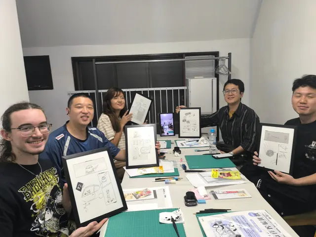 Overhead view of 4-panel manga being drawn