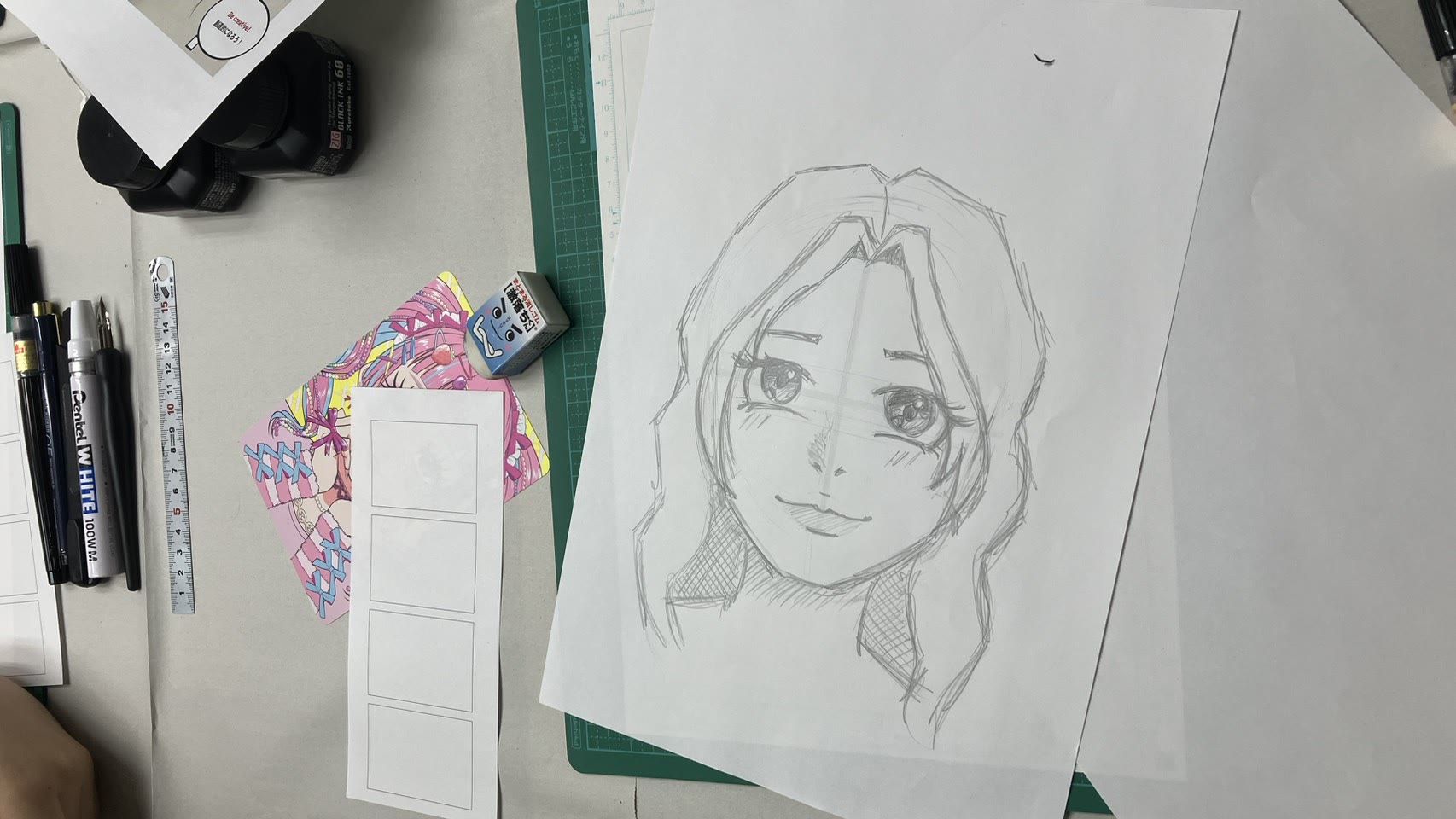 Guest's original manga character sketch in progress